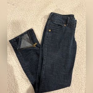 Low rise jeans with ankle zipper and gold embroidery on back pockets